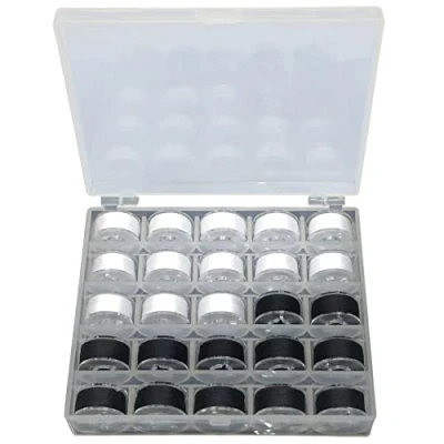 Image de fil à coudre, bobines pour Machine coudre avec boîte de rangement,25pcs assortiment couleurs noir et blanc bobine préenroulé Set accessoires couture Singer…