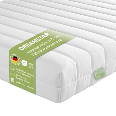 Image de DreamStar Easy Flex Matelas orthopédique en mousse froide, 7 zones, certifié Oeko Tex, degré de fermeté 2 et 3 (H2 H3), enroulable 13 cm, fabriqué UE, 140 x 190 cm