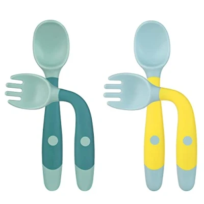 Image de Vicloon Cuillères Bébé Silicone,4pcs Cuillere Souple Cuillère de Formation Flexible avec Fonction Bendable,Facile à Tenir, D&#039;apprentissage (Vert+Jaune)