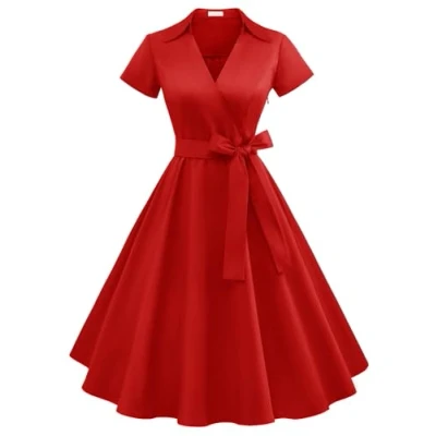 Image de Timormode Robe Années 50&#039;s Audrey Hepburn Rockabilly Swing,Plissé à Manches Courtes 10084Red M