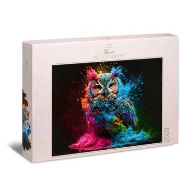 Image de Ulmer Puzzleschmiede puzzle « Oiseau de nuit coloré » Portrait chouette avec explosion couleurs vives comme 2000 pièces Motif la collection Farben &amp; Fantasy