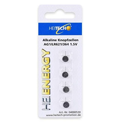 Image de HEITECH Lot de 4 Piles Boutons alcalines AG1 1,5V LR60 L621 LR621 SR60 SR621 SR621SW 164 364 Longue durée, résistantes aux Chocs et décharges