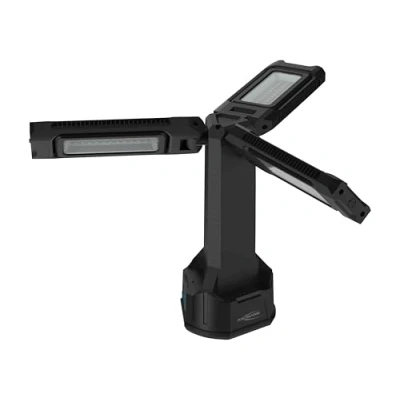 Image de ANSMANN Lampe de travail LED avec trépied 2m, robuste &amp; très claire jusqu&#039;à 7000 lumens, projecteur 3x 22 watts, alimenté par batterie, réglable en hauteur, crochet aimants