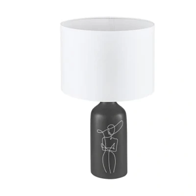 Image de Eglo lampe de chevet Vinoza, luminaire à poser avec abat jour textile, table en céramique noir décor et tissu blanc, éclairage pour salon chambre, douille E27