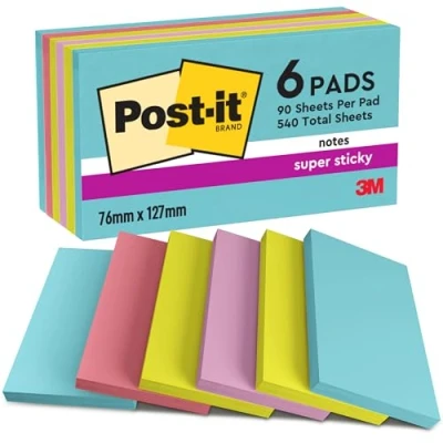 Image de Post it Super Sticky Notes Cosmic Color Collection, Pack de 6 Blocs, 90 Feuilles par Bloc, 76 mm x 127 mm, Turquoise, Vert, Rose Couleurs Adhésives pour Prise