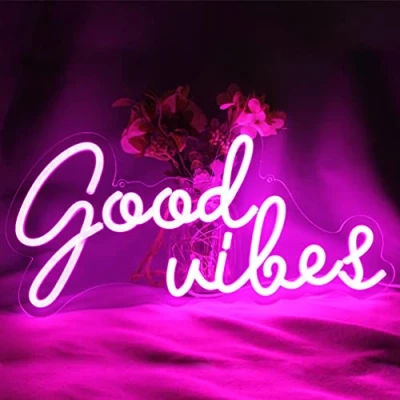 Image de DAKABUKA Good Vibes Lampe de nuit LED néon pour décoration murale Rose 5 V Alimentée par USB avec interrupteur à intensité variable chambre coucher, hôtel, récréative (40.6x19.1 cm)