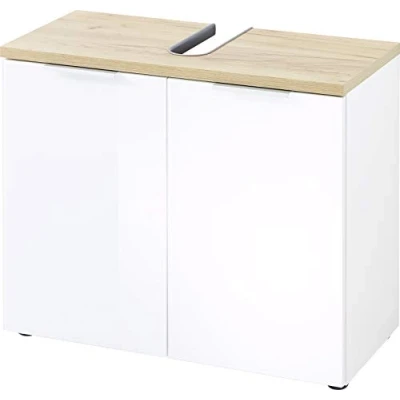 Image de GERMANIA DIE MÖBELMACHER Élément Bas pour lavabo 2752 513 GW Pescara, en Blanc/Chêne Navarra repro, avec façades Blancs Verre, 70 x 58 34 cm (l/h/p)