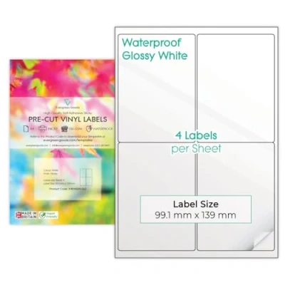 Image de Lot de 10 feuilles A4 d&#039;étiquettes autocollantes en vinyle brillant (PVC) blanches prédécoupées et imperméables Multi usage Imprimables à jet d&#039;encre (2 x 2 (4 par feuille))
