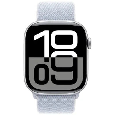 Image de Apple Watch Series 10 (GPS + Cellular 46 mm) Smartwatch mit Aluminiumgehäuse in Silber und Sport Loop Blaue Wolke (One Size). Fitnesstracker, EKG App, Always on Retina Display, CO₂ Neutral