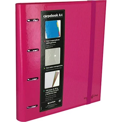 Image de Grafoplás 88102054. Classeur 4 anneaux découpés A4 avec enveloppe transparente, intercalaires et 100 feuilles, couleur rose, de 35 mm, fermeture en caoutchouc. Carpbook Multiline