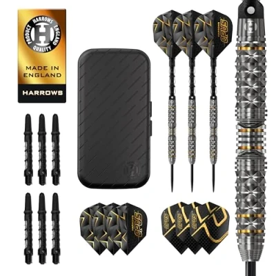 Image de Harrows Lot de 16 fléchettes professionnelles Opus Pointe en acier tungstène 90 % 21 g 26 Tous poids Jeu avec tiges ST carbone, ailettes et étui