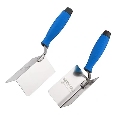 Image de Mivos Lot de 2 Truelles d&#039;angle en Acier Inoxydable 120 x 60 mm Truelle Intérieur et Extérieur INOX Bord avec Poignée Souple Spatule Fabriqué UE