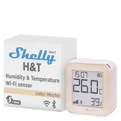 Image de Shelly H&amp;T Gen3 Moka Capteur de température et d&#039;humidité connecté, Thermomètre &amp; Hygromètre intérieur/extérieur, Wi Fi Bluetooth, Compatible avec Alexa Google Home, App iOS Android