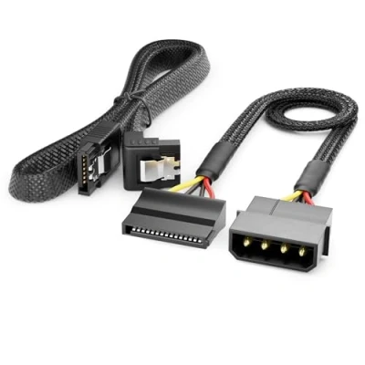 Image de deleyCON 30cm Jeu de Câbles Molex 4 Broches vers SATA 15 avec Câble Coudé 60 cm Données 3 6 Gbit/s Disque Dur la Carte Mère HDD SSD Alimentation PC Noir