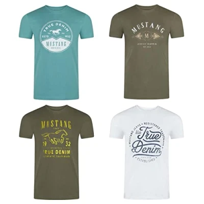 Image de MUSTANG Lot de 4 t shirts pour homme Imprimé sur le devant Col rond Manches courtes 100 % coton Noir Blanc Gris Bleu Vert S M L XL XXL 3XL 4XL 5XL 6XL, Mélange couleurs (P26),