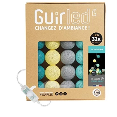 Image de GuirLED Guirlande lumineuse boules coton LED USB Veilleuse bébé 2h Adaptateur secteur double 2A inclus 3 intensités 32 3.2m Scandinave