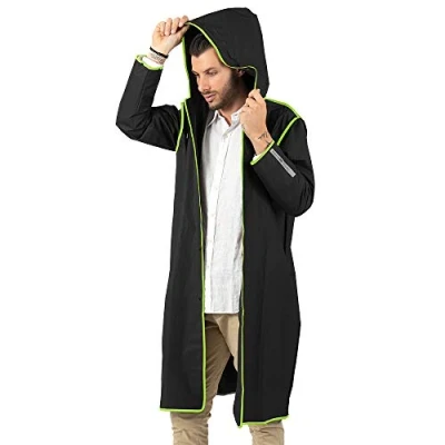Image de PERLETTI Imperméable Homme Femme Transparent Détails Réfléchissants Poncho Pluie Long Capuche et Boutons Veste Coupe Vent Etui Etanche Anorak Réutilisable Léger (Noir Bordure Verte Citron, S)