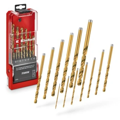 Image de Original Einhell 13 pièces HSS G Jeu de forets à métaux en titane (acier 4341 affûté totalité, revêtement titane, pointe Split Point 135, spirale fraisée type N, tige ronde)