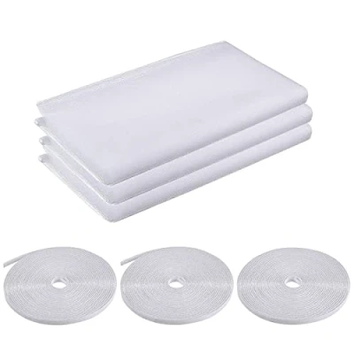 Image de 3 Pièces Moustiquaire Fenêtre, 150 X 200cm Filet Écran Insecte vec Rubans Adhésifs, Eté Fly Bug Mosquito Protection D&#039;écran en Maille Bricolage pour Bureau Maison (Blanc)