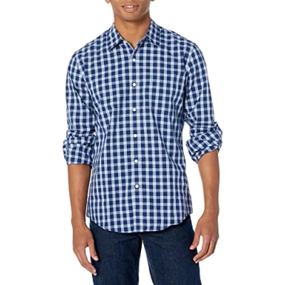 Image de Amazon Essentials Chemise en Popeline à Manches Longues Coupe Ajustée Homme, Bleu Marine Blanc Écossais, XL