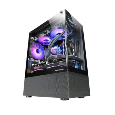 Image de Mars Gaming MC SE, Boîtier PC Micro ATX, Face Avant Latéraux Verre Sans Cadre, Design Inférieur avec Technologie AirTech Mesh, Mini Tour Double Chambre, Support Refroidissement Liquide, Noir