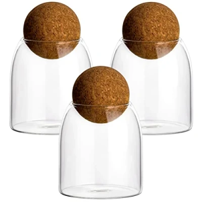 Image de gouveo Lot de 3 boîtes conservation rondes en verre borosilicate 400 ml avec bouchons sphériques Bocaux bouchon liège Récipients cuisine