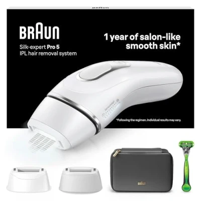 Image de Braun Silk·expert Pro 5 Épilateur À Lumière Pulsée, Épilation Semi Définitive Pour 1 An De Peau Douce, Alternative Au Laser, Avec Une Pochette, Un Rasoir Gillette, 2 Têtes, Or/Blanc, PL5145
