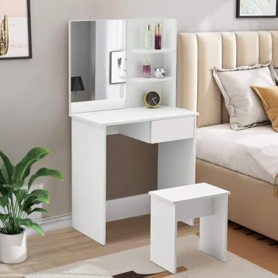 Image de CLIPOP coiffeuse avec tabouret et miroir, tiroir, étagère, commode de coiffeuse, blanche moderne