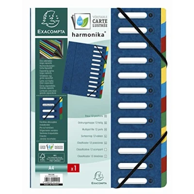 Image de Exacompta Réf. 55122E Carton de 6 trieurs HARMONIKA avec élastiques et fenêtres découpées couverture en carte lustrée dos extensible 12 compartiments A4 dim 24,5x32cm couleur bleu