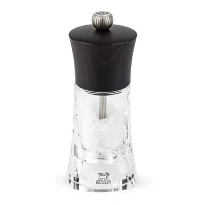 Image de PEUGEOT Moulin à Sel Sec Oléron 14 cm Réglage Classique En Bois Labellisé PEFC Et acryl Fabrication Française Coloris Chocolat Transparent