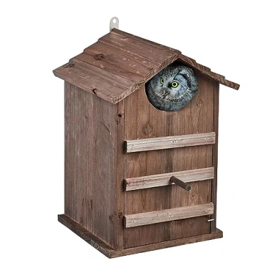 Image de Relaxdays Nichoir d’extérieur pour Chouettes, Bois de Sapin, Porte inclinable, Trou d’envol HL 9,5 x cm, Marron