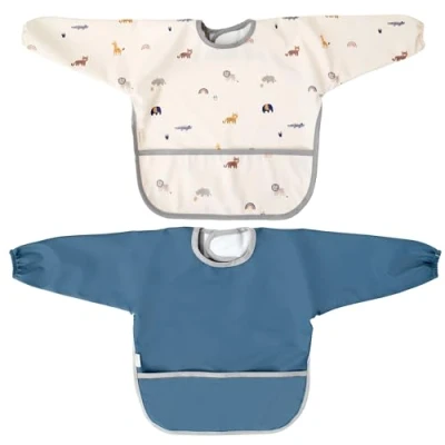 Image de MIMUSELINA Pack de 2 Bavoirs Bebe Imperméables avec Manches Bavoir Longues et Fermeture Velcro Réglable, Poignets Élastiques Poche Frontale Fabriqué en Espagne Savanna