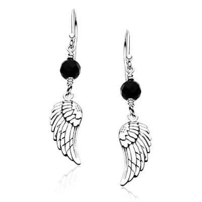 Image de Nenalina Boucles d&#039;oreilles pendantes Motif ailes brillantes en argent et boule d&#039;onyx noir, 222227005