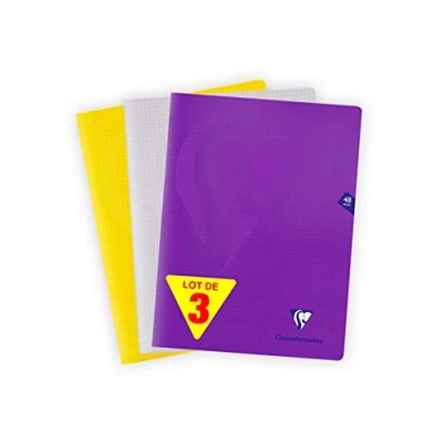 Image de Clairefontaine 293312AMZC Lot de 3 Cahiers Agrafés Mimesys 24x32 cm 48 Pages Petits Carreaux Papier Blanc 90 g Couvertures Polypro Couleurs Assorties (Incolore, Jaune et Violet)