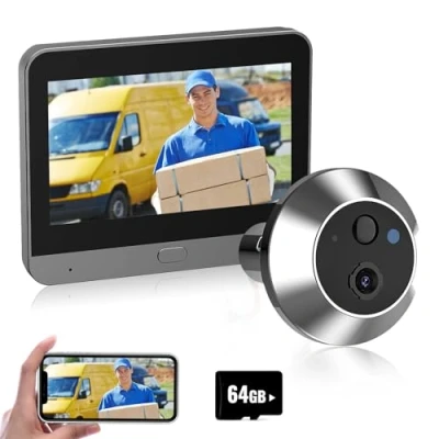 Image de Visiophone sans Fil,WiFi 1080P Judas de Porte Camera Surveillance avec 4.3 Pouces écran d&#039;affichage,Détection Humaine,Audio Bidirectionnel,La Fonction Vision Nocturne+ 64G carte mémoire (A)