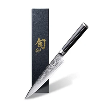 Image de KAI Shun Classic Couteau Utilitaire Japonais pour Gaucher 15 cm Longueur de Lame Damas 32 Couches Noyau VG Max 61 (±1) HRC Bois pakka Fabriqué au Japon Forgé