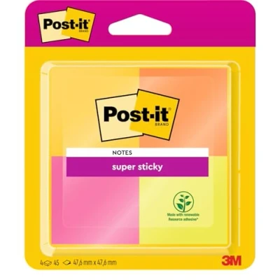 Image de Post it super sticky notes bloc 6910YPOG 48 x mm, 4 blocs 45 a pages rose foncé fluo/jaune fluo/orange/vert