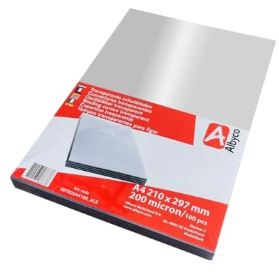 Image de Albyco couvertures Transparents brillants, épaisseur 0,20 mm/200 micron, format A4, 210x297mm, Couverture en PVC, de reliure, Plats