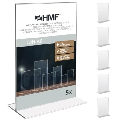 Image de HMF 46920 Présentoir de Table Acrylique Double D&#039;annonce 5 Pièces DIN A6 Format Portrait Transparent