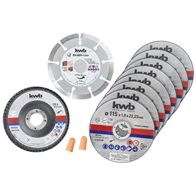 Image de kwb Disques à tronçonner + Disque diamanté et abrasif, Ø Meuleuse d&#039;angle mince 115 mm p. Acier inoxydable INOX en boîte de rangement avec bouchons d&#039;oreille
