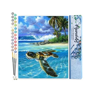 Image de Figured&#039;Art Peinture par Numéro Adulte Tortue détendue Activité Manuelle Kit de Loisir Créatif DIY d&#039;Art Complet 40x50cm sans châssis en bois