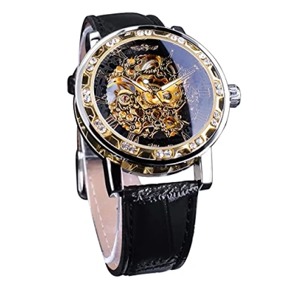 Image de Winner Montre squelette mécanique manuelle rétro avec diamant et fleur sculptée pour homme classique à chiffres romains, Noir/doré