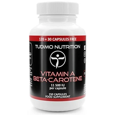 Image de Vitamine A Beta Carotene Capsule 11 500 IU 150 Capsules (5 mois) à Désintégration Rapide, Chacune avec 6,9mg Complement Alimentaire Bêta Carotène pur en Poudre (Betacarotene Supplement)