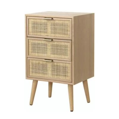 Image de Casâme Commode 3 Tiroirs Façade Cannage Rotin Naturel Design Poignées Métal Structure MDF et Placage en Bois de Frêne pour Entrée, Salon L 42cm x P 36,5cm H71cm