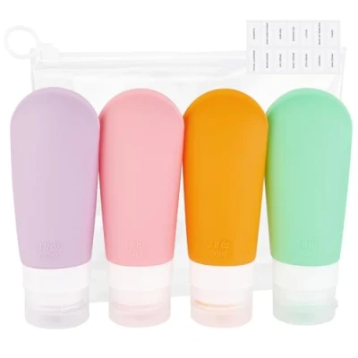 Image de AiQInu Flacon Voyage Silicone 90ml, 4 Pièces Étanches Bouteille Vide Avion pour Huile Solaire, Shampooing, Lotion, Gel Douche Crème,Sans BPA