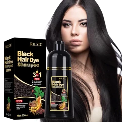 Image de Shampoing Colorant Noir, Shampooing Teinture Instantanée pour Cheveux, 500 ML Naturelle et Durable Hair Dye 3 en 1,Shampoing Cheveux Colorés, Black Hommes Femmes