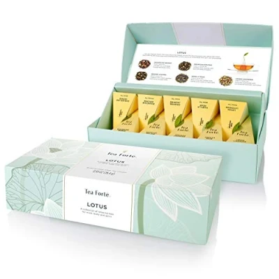 Image de Tea Forte Lotus Assortiment Thé et Infusion Bio 10 pyramides, Petite Presentation Box pyramids Black Tea, Green Oolong White Herbal by Forté