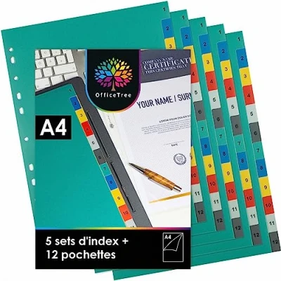 Image de OfficeTree 5x Intercalaires Classeur A4 12 Positions et 12x Pochette Plastiques Multicolore Impression du Numéro 1 Intercalaire Séparateur