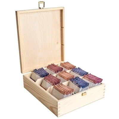 Image de Creative Deco Boite a The en Bois Non Peint Noel de Rangement Sachet 23,5 x 20,5 7,5 cm 9 Compartiments Boîte à Thé Diviseurs Amovibles Cuisine