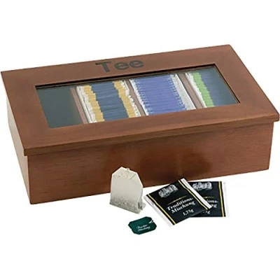 Image de APS Teebox Boîte à thé en bois de qualité supérieure avec fenêtre visualisation, 4 compartiments pour 30 sachets enveloppés chacun, le couvercle reste ouvert.